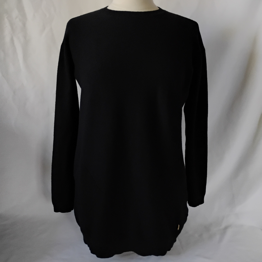 Women's Black Ribbed Crewneck Sweater Gold Decorative Lacing Back & Heart Charm